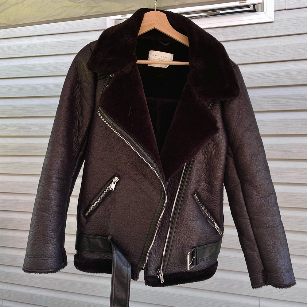 Zara Faux Black Leather Jacket with Shearling Lining